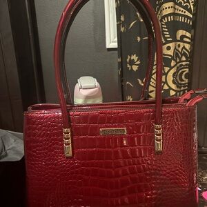 Glossy Red Crocodile-Embossed Shoulder Bag